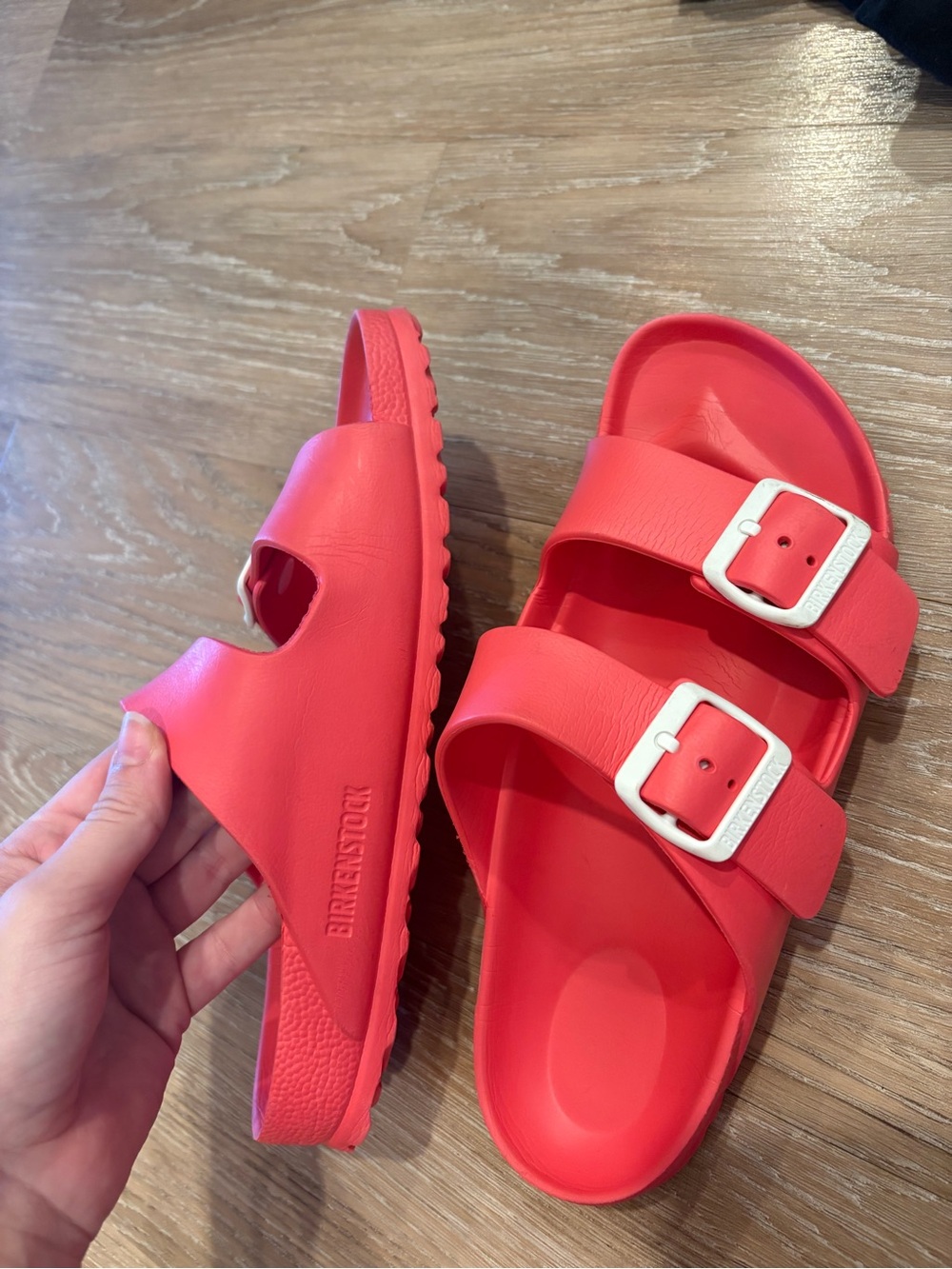 Birkenstock Coral-Red Two-Strap EVA Slide Sandals